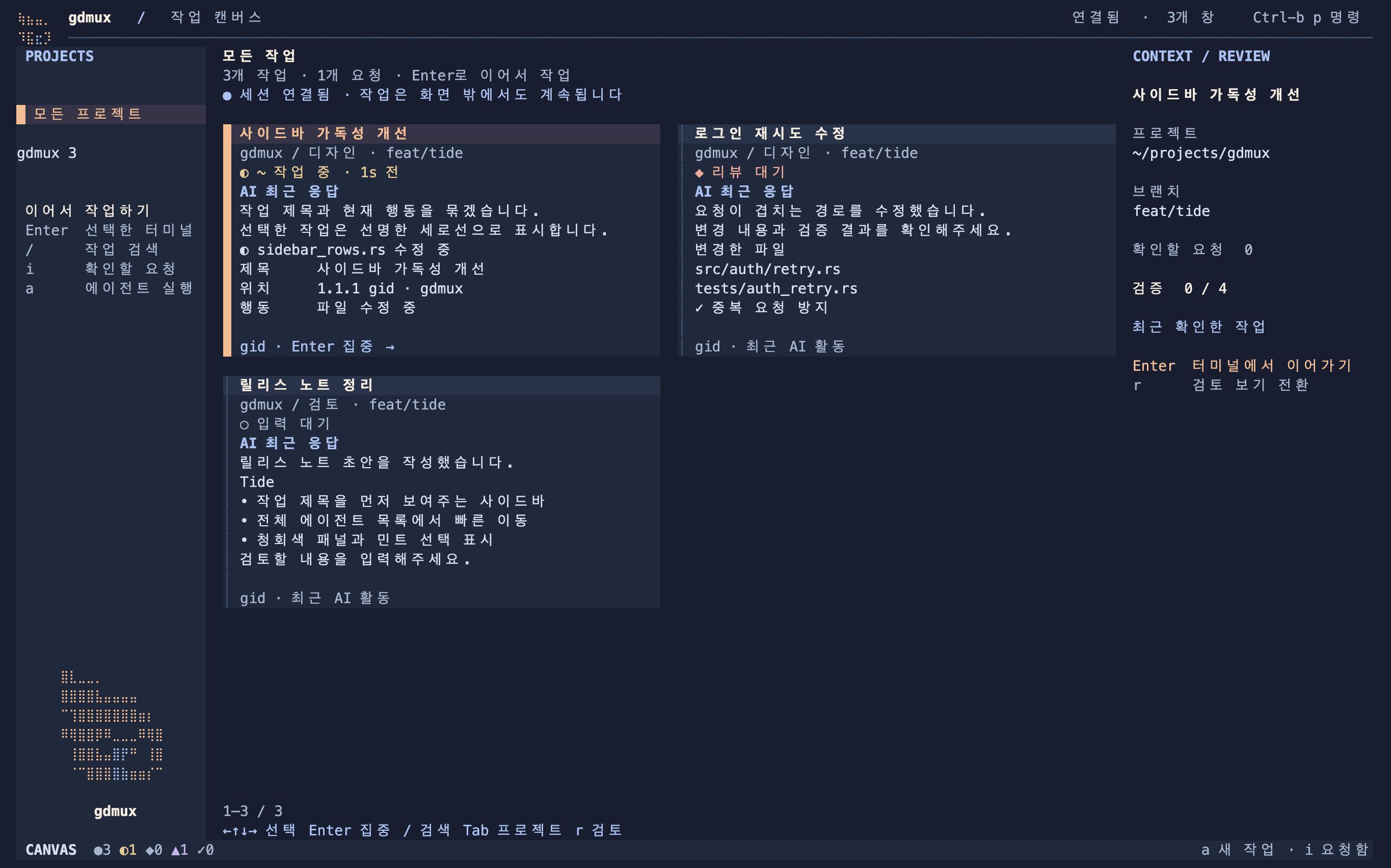 gdmux 공개 데모: 프로젝트별 작업 목록과 AI의 최근 응답, 확인할 요청을 함께 보여주는 전체 작업 캔버스