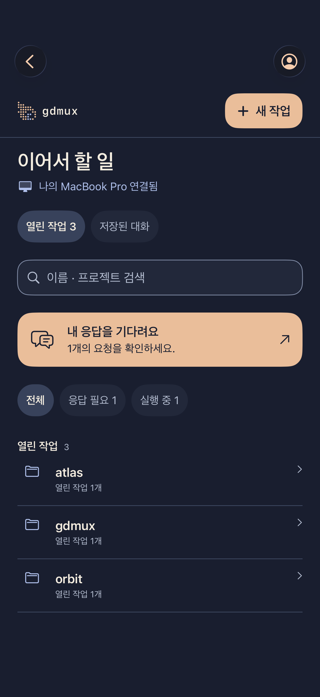 iPhone gdmux 데모: 프로젝트별 작업 목록과 응답 대기 안내